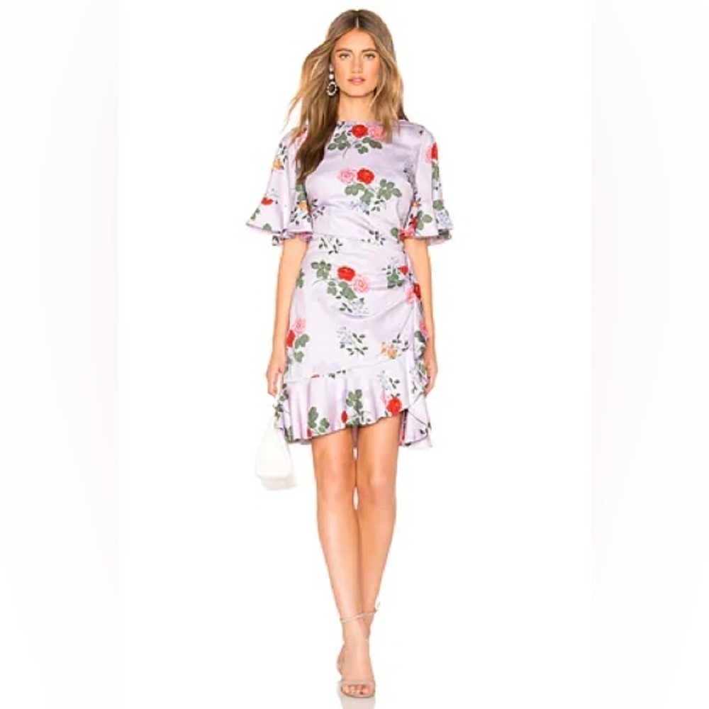 KEEPSAKE the Label Pretty One Side Drape Lilac Floral Mini Ruffle Dress